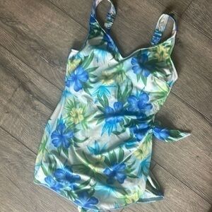 LL Bean swimsuit blue green floral one piece size 12
